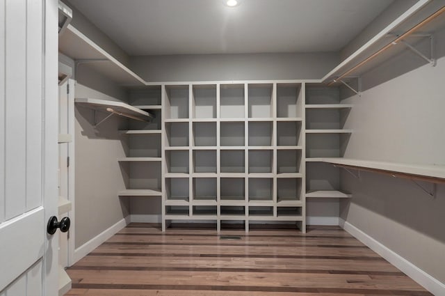 walk in closet with wood finished floors