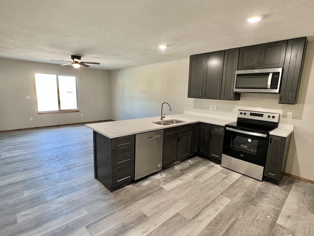 412 S Court St, Seymour, MO 65746 - kitchen featuring a sink, ceiling fan, appliances with stainless steel finishes, a peninsula, and light wood-style flooring