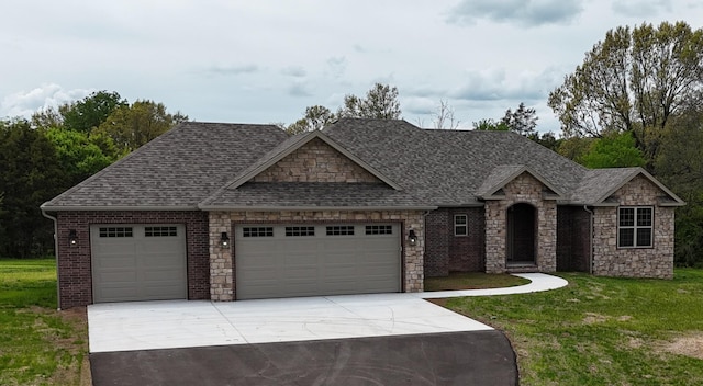 view of front of property with concrete driveway, an attached garage, roof with shingles, and stone siding