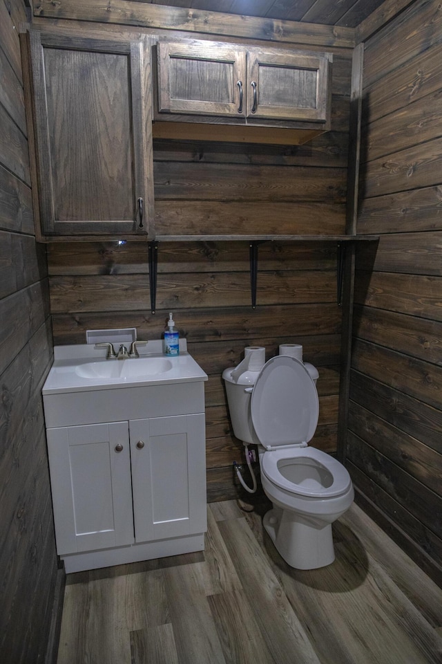 203 E Steel St, Seymour, MO 65746 - half bath featuring toilet, vanity, wooden walls, and wood finished floors
