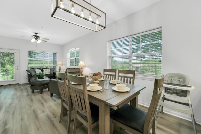 dining space featuring ceiling fan and light wood-type flooring