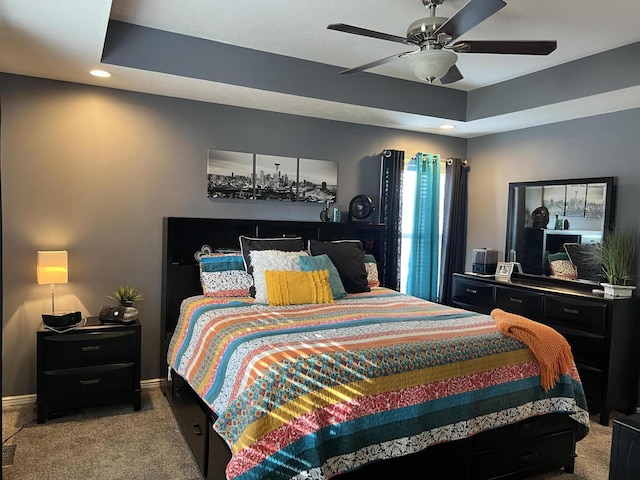 bedroom featuring baseboards, recessed lighting, carpet, and a ceiling fan