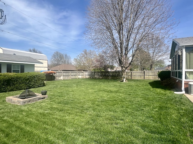 view of yard featuring an outdoor fire pit and a fenced backyard