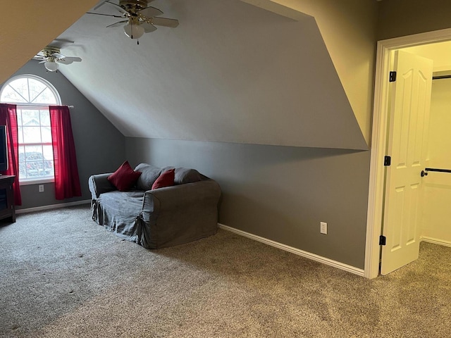 bonus room featuring ceiling fan, carpet, vaulted ceiling, and baseboards