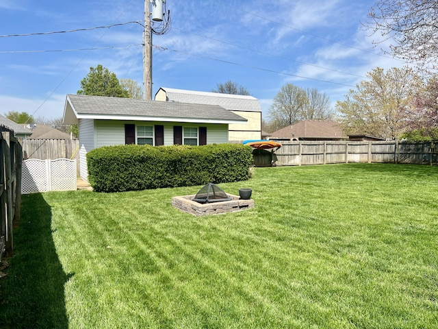 view of yard with an outdoor fire pit and a fenced backyard