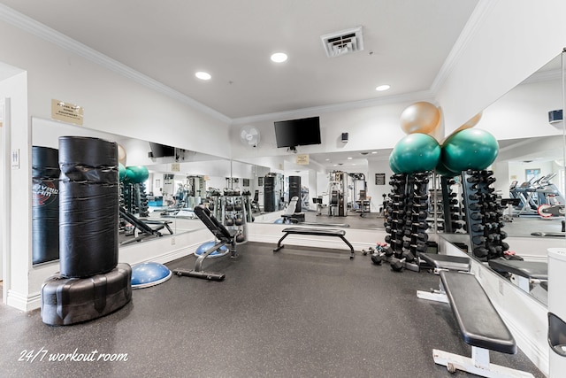 160 The Blfs Unit 3, Branson, MO 65616 - gym featuring crown molding, visible vents, and recessed lighting
