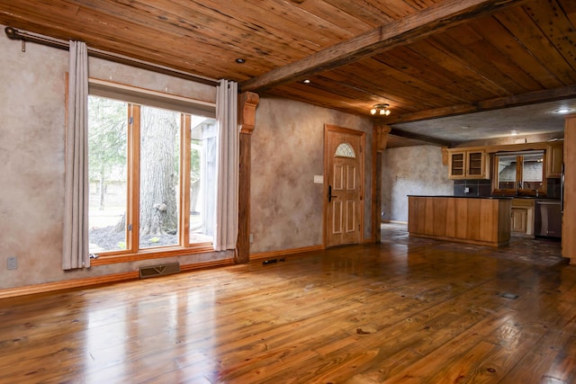 unfurnished living room with wood ceiling, dark wood-style flooring, and visible vents