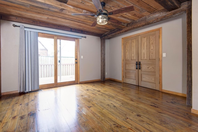 empty room featuring hardwood / wood-style floors, baseboards, wooden ceiling, and ceiling fan