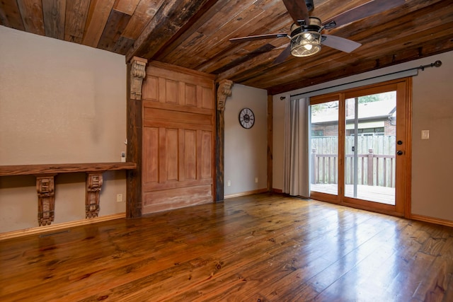unfurnished room with baseboards, wood ceiling, hardwood / wood-style floors, and ceiling fan