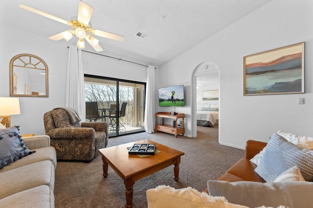 350 S Wildwood Dr Unit 21, Branson, MO 65616 - carpeted living room featuring a textured ceiling, ceiling fan, lofted ceiling, and visible vents