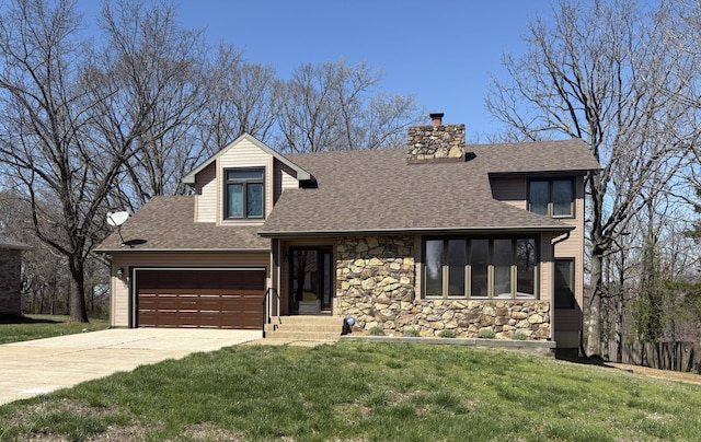 view of front of house featuring concrete driveway, a chimney, stone siding, a front yard, and a shingled roof