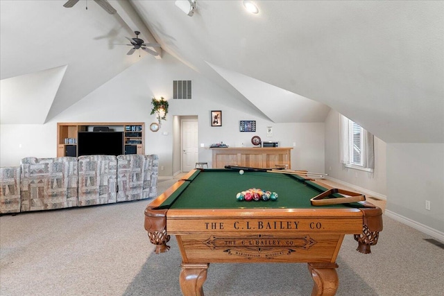 500 Navajo Trl, Kimberling City, MO 65686 - game room featuring baseboards, lofted ceiling with beams, carpet, and visible vents