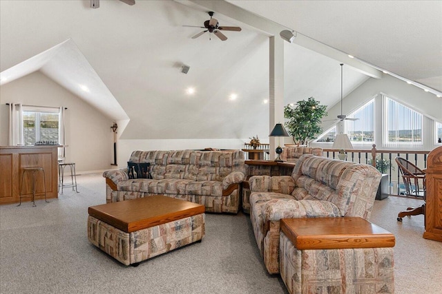 500 Navajo Trl, Kimberling City, MO 65686 - living area with carpet, visible vents, lofted ceiling with beams, and ceiling fan