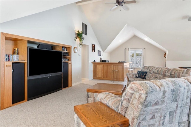 500 Navajo Trl, Kimberling City, MO 65686 - carpeted living area featuring visible vents, baseboards, a ceiling fan, and lofted ceiling