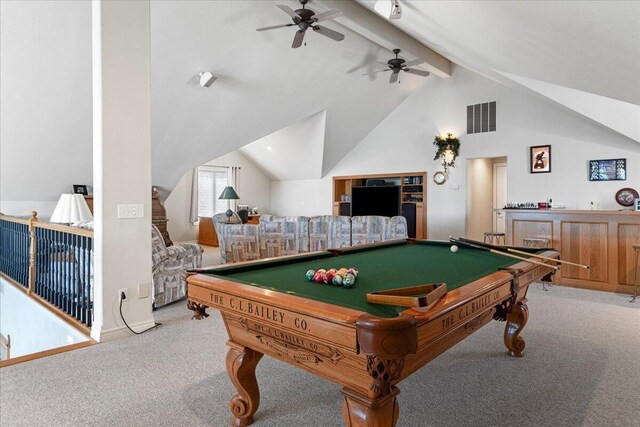 500 Navajo Trl, Kimberling City, MO 65686 - rec room featuring billiards, carpet flooring, vaulted ceiling with beams, and visible vents