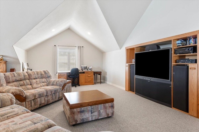 500 Navajo Trl, Kimberling City, MO 65686 - living room featuring baseboards, light colored carpet, and lofted ceiling