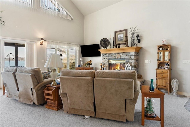 500 Navajo Trl, Kimberling City, MO 65686 - living area with high vaulted ceiling, a fireplace, and carpet floors