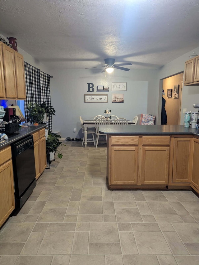 85 Peggy Ave, Mammoth Spring, AR 72554 - kitchen featuring black dishwasher, ceiling fan, dark countertops, a peninsula, and a textured ceiling
