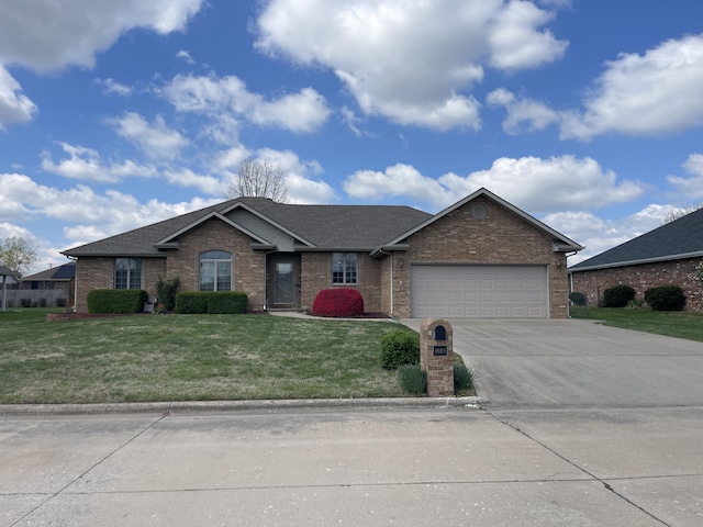 1605 S Meadow Ln, Bolivar, MO 65613 - ranch-style home featuring a front yard, an attached garage, brick siding, and concrete driveway