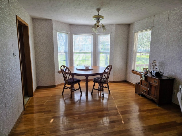 dining room with baseboards, a textured ceiling, hardwood / wood-style floors, and a textured wall