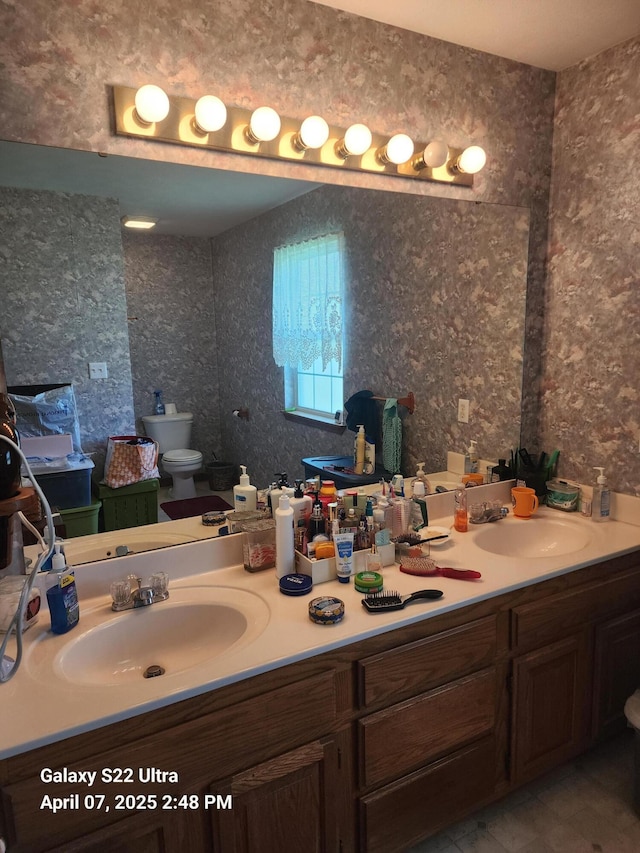 bathroom featuring toilet, double vanity, and a sink