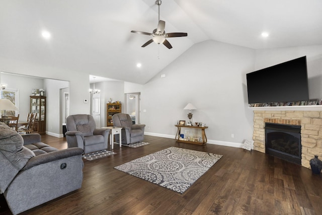 1758 W Big Meadows Ln, Nixa, MO 65714 - living room with a fireplace, recessed lighting, high vaulted ceiling, ceiling fan with notable chandelier, and wood finished floors