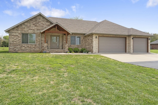 1758 W Big Meadows Ln, Nixa, MO 65714 - single story home with a front yard, a shingled roof, a garage, brick siding, and driveway