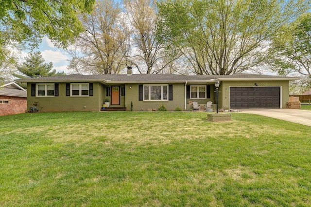 single story home featuring a garage, brick siding, a front lawn, and concrete driveway