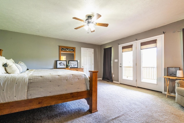 carpeted bedroom with access to outside, baseboards, and ceiling fan