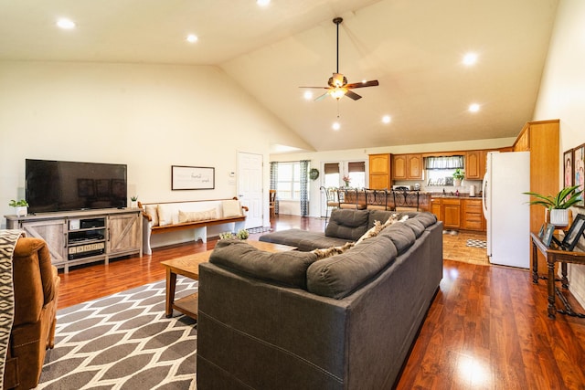 living room featuring high vaulted ceiling, dark wood-type flooring, a ceiling fan, and a healthy amount of sunlight