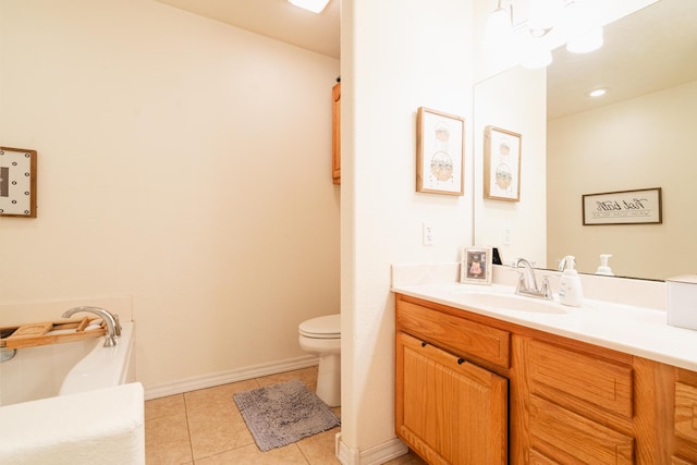 full bathroom with a tub to relax in, tile patterned floors, vanity, and toilet