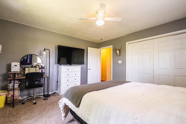 bedroom featuring carpet flooring, a closet, and ceiling fan