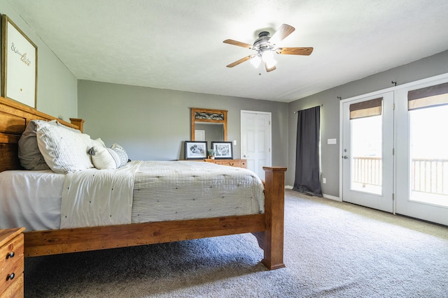 bedroom featuring access to outside, ceiling fan, baseboards, and light carpet
