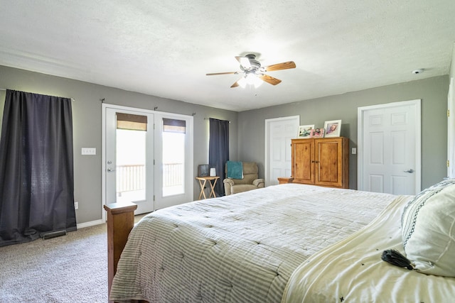carpeted bedroom featuring french doors, access to exterior, ceiling fan, and baseboards