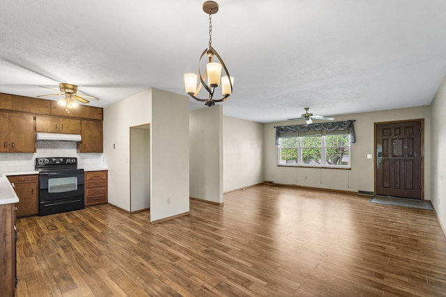 3144 N Pierce Ave, Springfield, MO 65803 - kitchen with dark wood-style floors, black / electric stove, light countertops, and ceiling fan