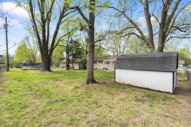3144 N Pierce Ave, Springfield, MO 65803 - view of yard featuring a trampoline, a fenced backyard, an outdoor structure, and a storage unit