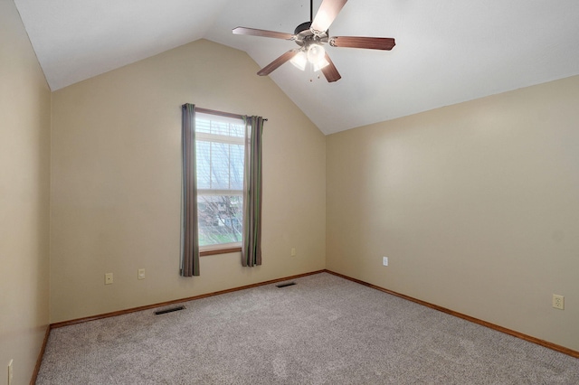 3684 Bridgewood Ave N, Springfield, MO 65803 - carpeted empty room featuring baseboards, vaulted ceiling, visible vents, and ceiling fan