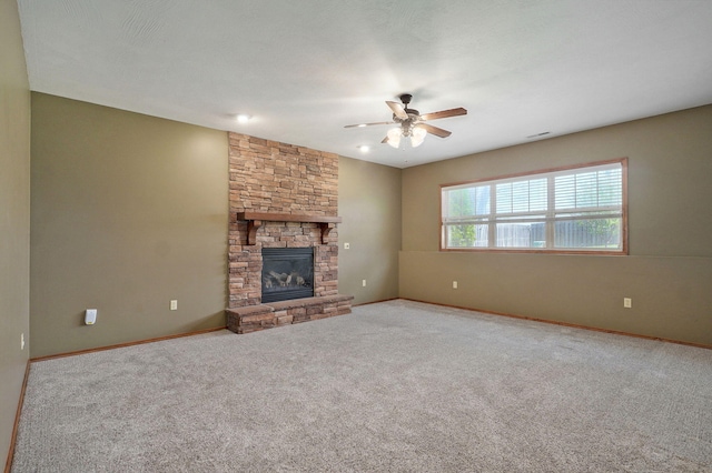 3684 Bridgewood Ave N, Springfield, MO 65803 - unfurnished living room featuring a fireplace, carpet, a ceiling fan, and baseboards