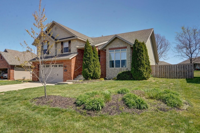3684 Bridgewood Ave N, Springfield, MO 65803 - view of front facade featuring driveway, stone siding, fence, an attached garage, and a shingled roof