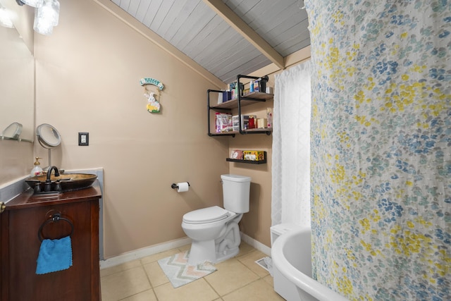 bathroom featuring a shower with shower curtain, baseboards, tile patterned floors, toilet, and vaulted ceiling with beams