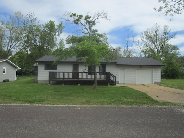 510 W 3rd St, Mountain View, MO 65548 - view of front facade with concrete driveway, a garage, a wooden deck, and a front lawn