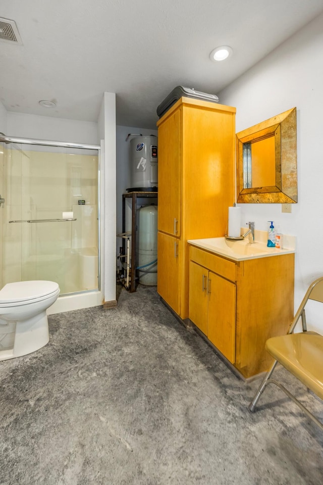 full bath featuring a stall shower, toilet, and vanity