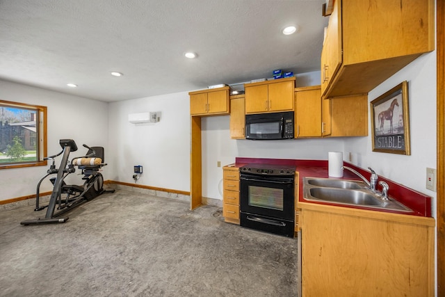 kitchen with black appliances, carpet floors, a sink, recessed lighting, and baseboards