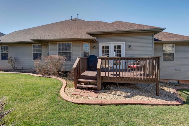 707 E Mining Camp Rd, Nixa, MO 65714 - back of house featuring a shingled roof, a wooden deck, and a lawn