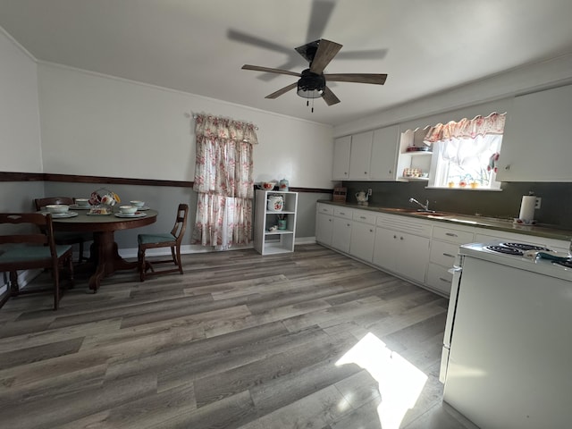 509 S Mansfield Rd, Ava, MO 65608 - kitchen with white cabinets, open shelves, ceiling fan, dark countertops, and electric range