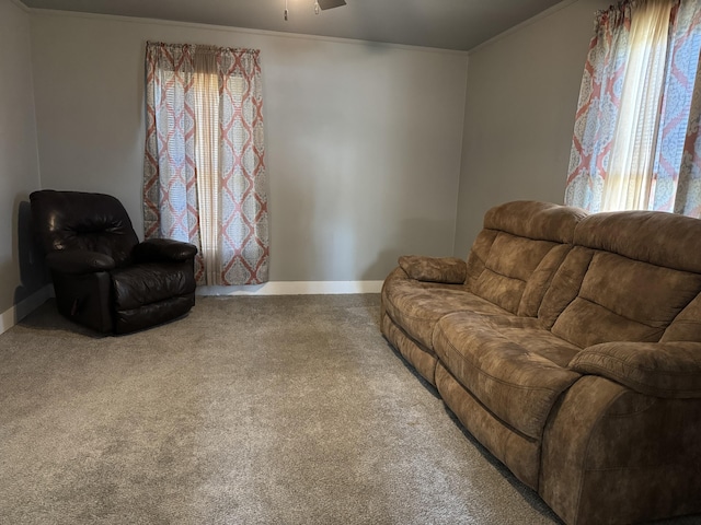 509 S Mansfield Rd, Ava, MO 65608 - carpeted living area featuring ornamental molding, baseboards, and ceiling fan