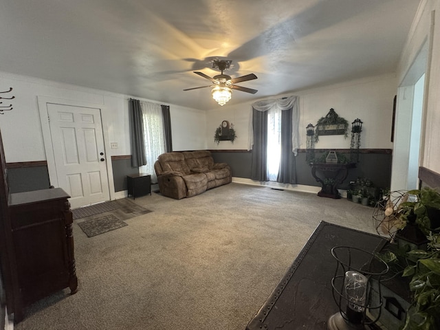 509 S Mansfield Rd, Ava, MO 65608 - living room featuring ornamental molding, carpet floors, ceiling fan, and baseboards