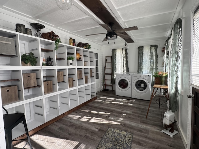 509 S Mansfield Rd, Ava, MO 65608 - washroom featuring a healthy amount of sunlight, ceiling fan, wood finished floors, and washer and clothes dryer