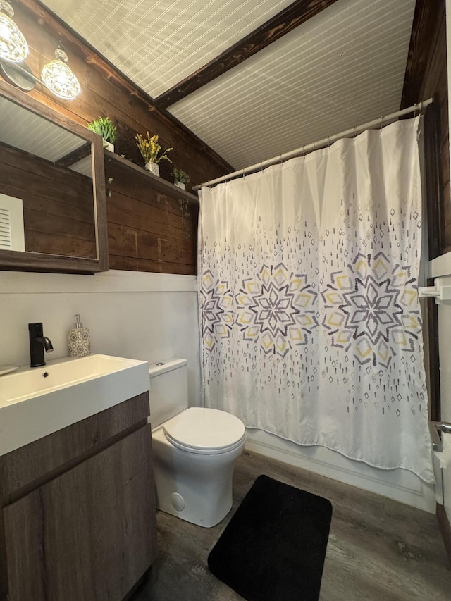 509 S Mansfield Rd, Ava, MO 65608 - full bath featuring shower / tub combo, toilet, wooden walls, vanity, and wood finished floors