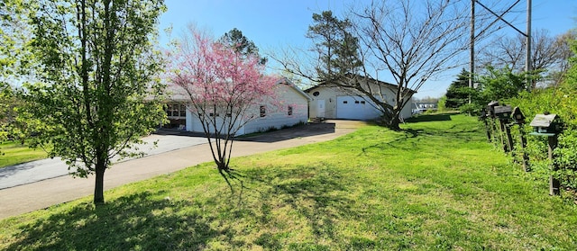 view of property hidden behind natural elements with a front lawn and driveway